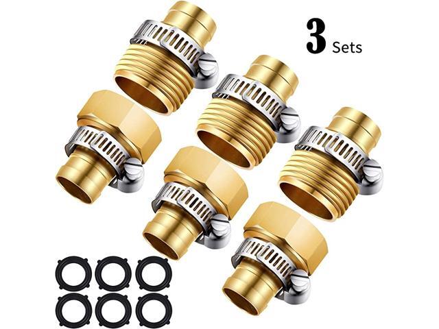 Sets 58 Inch Brass Garden Hose Repair Kit Mender End Water Hose End Mender Female and Male Hose Connector with 6 Pieces Stainless Steel Clamp and 6