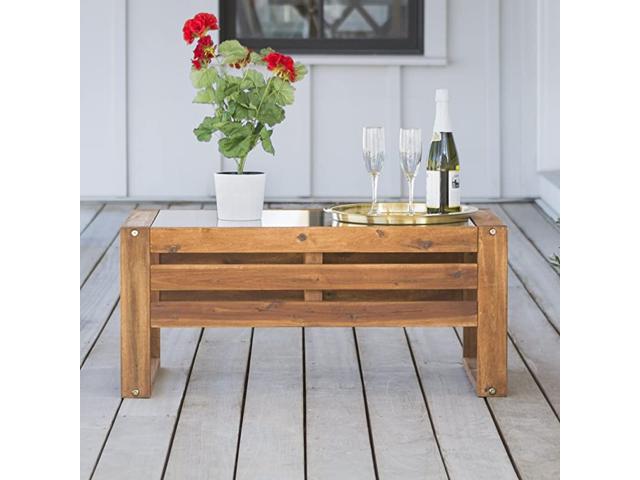 AZWOSCTBR Modern Outdoor Patio Wood and Glass Rectangle Coffee Table All Weather Backyard Conversation Garden Poolside Balcony 36 Inch Brown