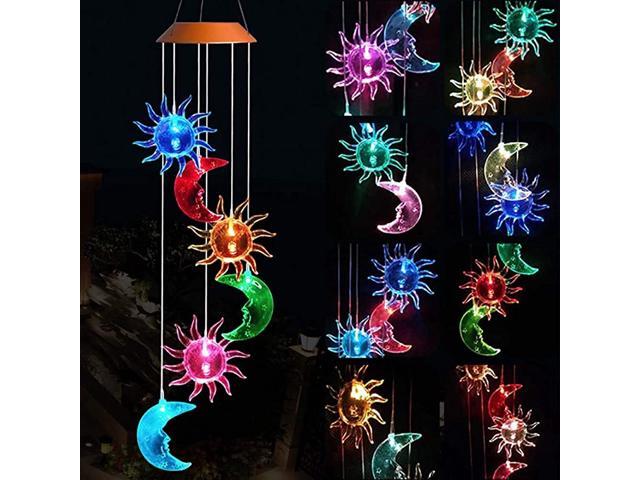 Solar Powered Wind Spinner Light 3 Suns and 3 Moons with 7 Colors Changing Wind Light Waterproof Hanging Wind Chime Lamp Mobile Suspended Light for
