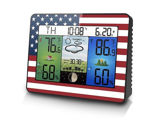 Weather Station Wireless Indoor Outdoor Thermometer for Home Patio Office Colorful Display Atomic Clock American Flag Pattern