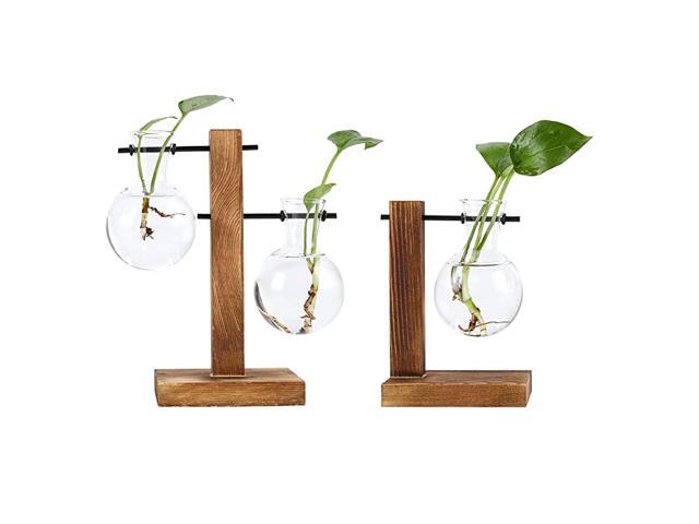 Air Planter Terrarium Glass Vase3 Bulb Vase with Retro Wooden Stand and Metal Hanging Holder Cute Air Plant Globe Orbs Ideal for Home Office