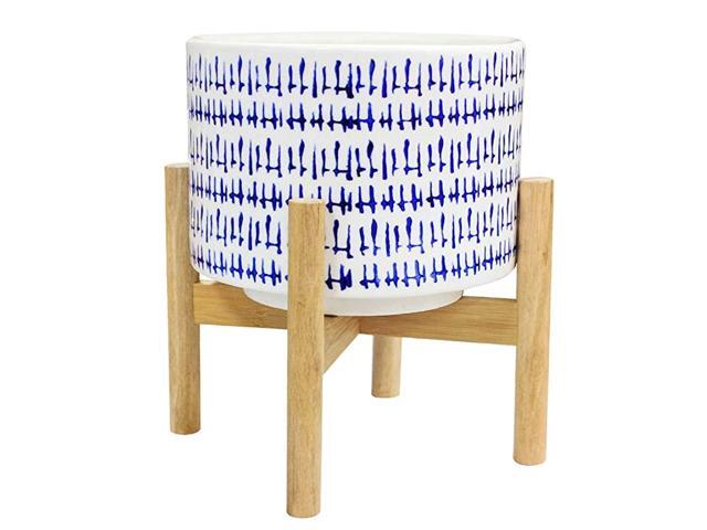 JOLIE MUSE Ceramic Plant Pot with Wood Stand 73 Inch Modern Round Decorative Flower Pot Indoor with Wood Planter Holder Blue and White Home Decor Gift