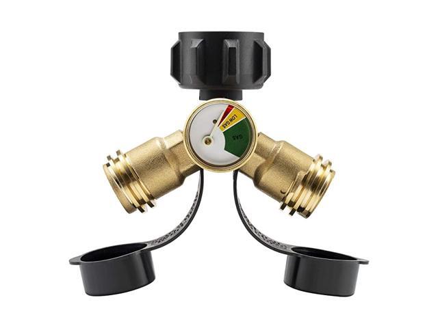 Propane Splitter 2 Way Y Splitter Adapter with Gauge for Propane Tank LP Gas Adapter Tee Connector for 20lb Propane Tank Cylinder RV Camper BBQ