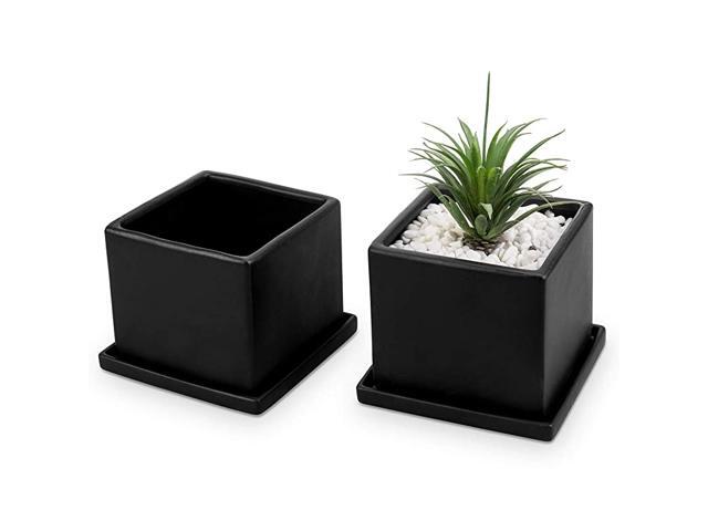 Matte Black Ceramic Square Planters with Removable Saucers Set of 2