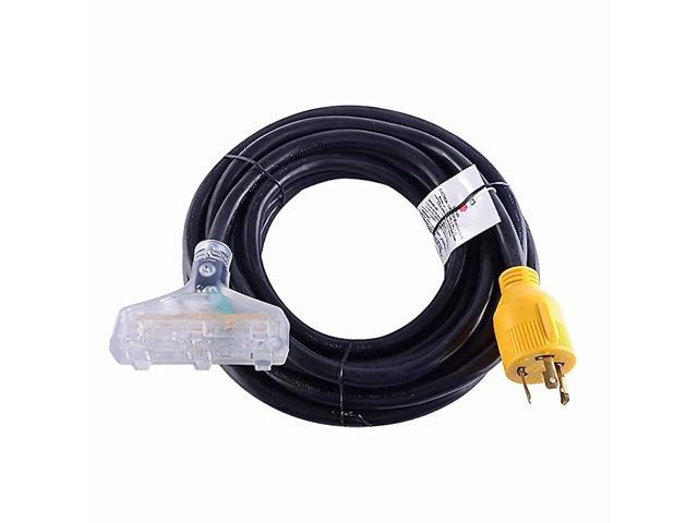 80843 Lighted 10 Gauge Generator Extension Power Cord Cable BlackYellow with L530P Plug and 3 15amp Outlets