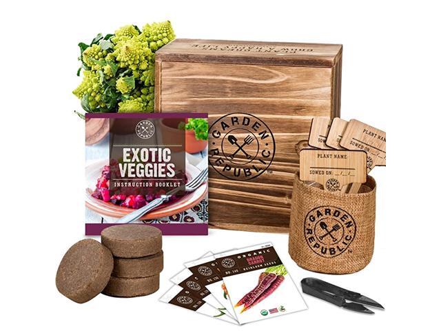 Vegetable Garden Seeds Starter Kit 4 USDA Organic Heirloom Seeds for Planting Vegetables Soil Pots Plant Markers Trimmers Wood Planter Box DIY