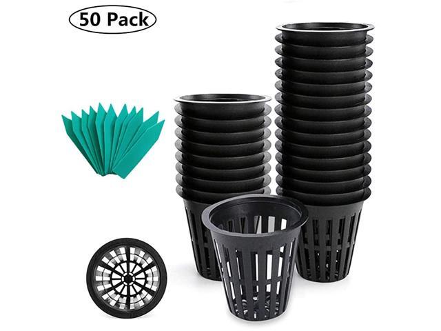Nursery Pots 50 Pack 2 inch net Pot Garden Slotted Mesh Plastic Plant Net Cup with 50 Plant Labels Heavy Duty Wide Lip Round Bucket Basket for