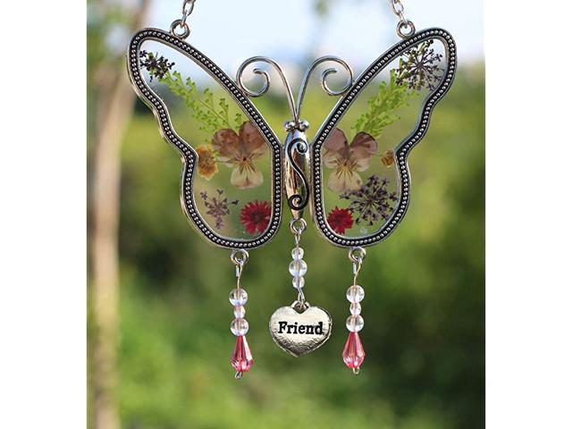 Butterfly Sun Catcher Glass Suncatchers with Pressed Flower Wings Embedded in Glass with Metal Trim Heart Charm Gifts for Mom Mom for Birthdays