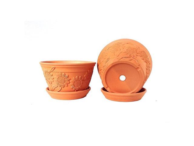 of 2 Raised Sunflower Embellished Natural Terracotta Garden Pot with Tray