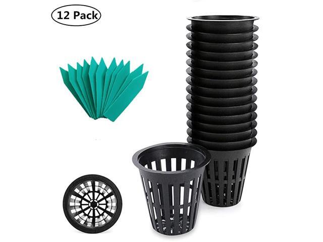 Nursery Pots 12 Pack 3 inch net Pot Garden Slotted Mesh Plastic Plant Net Cup with 12 Plant Labels Heavy Duty Wide Lip Round Bucket Basket for