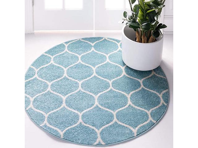 Trellis Frieze Collection Lattice Moroccan Geometric Modern Light Blue Round Rug 4 0 x 4 0