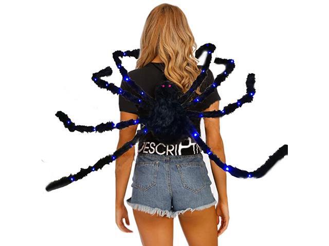 Led Black Hairy Spider Halloween Light up Giant Spider Plush Toy with Elastic Straps for Party Outdoor Yard Decor