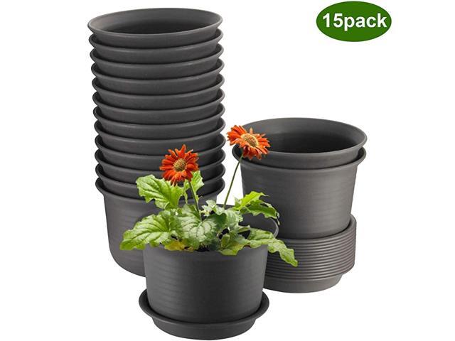 Plant Pots 6 inch Plastic Planters with Drainage Hole and Tray Pack of 15 Plants Not Included Brown