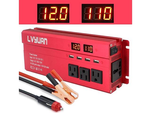 Car Power Inverter 1000W2000WPeak DC 12V to 110V AC Converter with Intelligent LED Display 4 AC Outlets 4 USB Charger for RV Caravan Truck LaptopRed