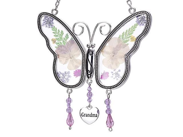 Butterfly Suncatcher with Pressed Colourful Flower Wings Mom Mothers Day Butterfly Glass Wind Chime Ornament Charm with Metal Heart Gifts for Mom