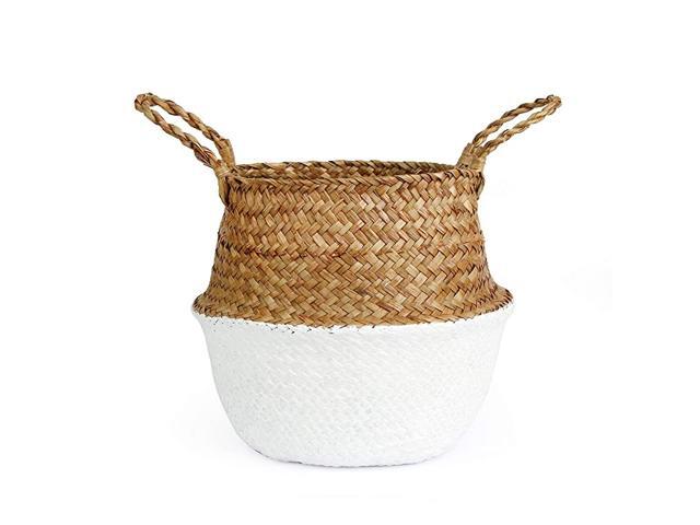 Woven Seagrass Belly Basket for Storage Laundry Picnic Plant Pot Cover and Grocery and Toy Storage Large White