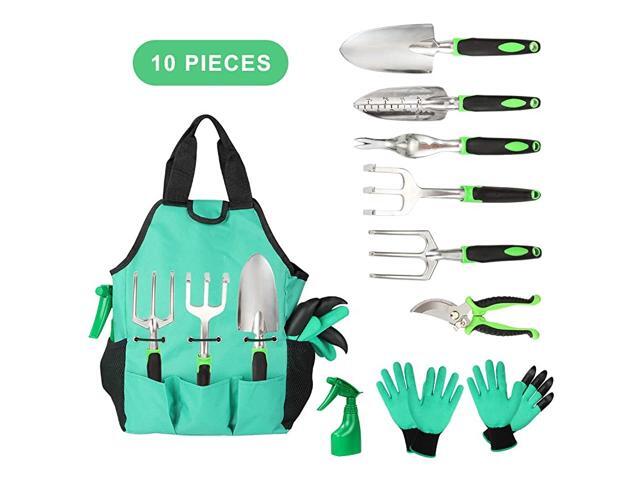 Garden Tools Set 10 Pieces Gardening Kit with Heavy Duty Aluminum Hand Tool and Digging Claw Gardening Gloves for Men WomenGreen