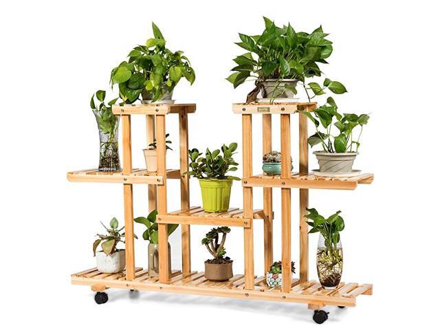 Rolling Flower Rack Wood Plant Stand on Wheels 6 Wood Shelves 12 Pots Bonsai Display Shelf Indoor Outdoor Yard Garden Patio Balcony Living Room