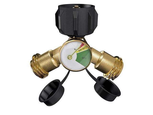 Propane Y Splitter Tee Adapter with Propane Tank Gauge Level Indicator Leak Detector Work with BBQ Grills Camping Stoves Gas Burners Heater