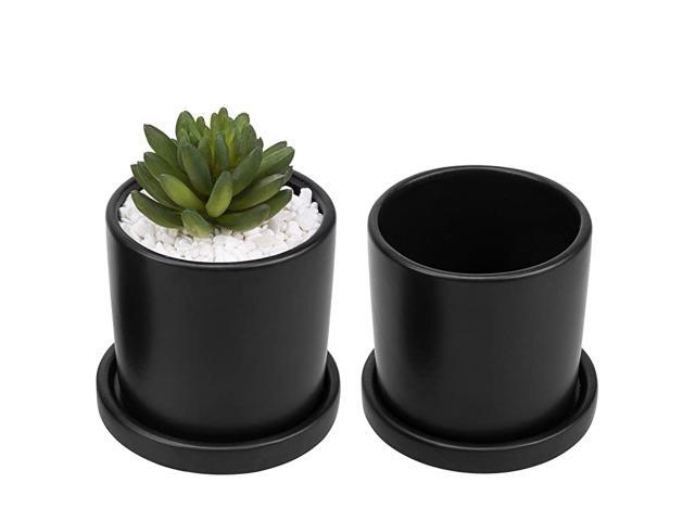 Matte Black Ceramic Planters with Drainage Holes and Saucers Set of 2