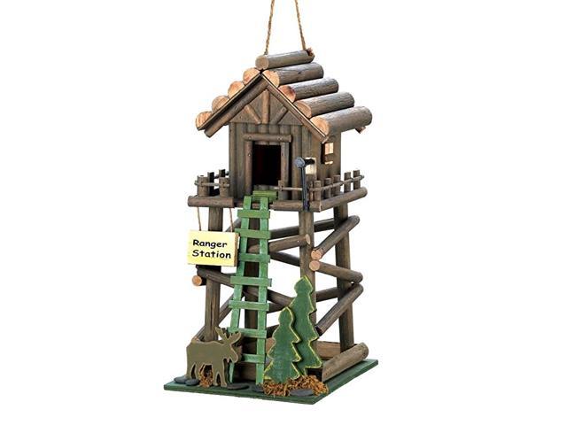 Station Cabin Birdhouse with Moose Pine Tree and Ladder