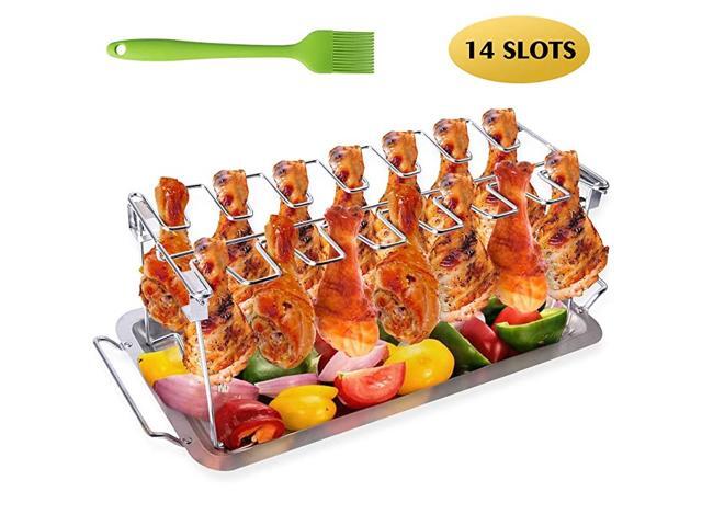 Chicken Leg Wing Grill Rack BBQ Chicken Drumsticks Rack Stainless Steel Roaster Stand with Drip Pan Hang Up to 14 Chicken Legs or Wings Great Easy