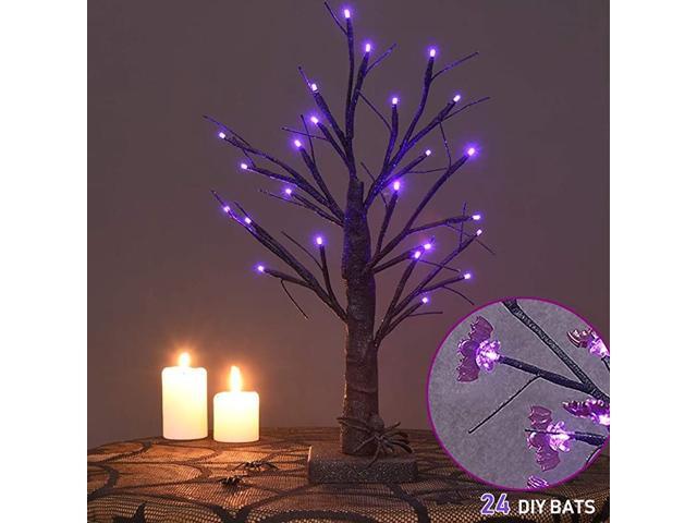 24 LED Lighted Halloween Tree Battery Operated Birch Tree with 24 DIY Bat Indoor Home Table Desktop Best Halloween Decorations Gift Package