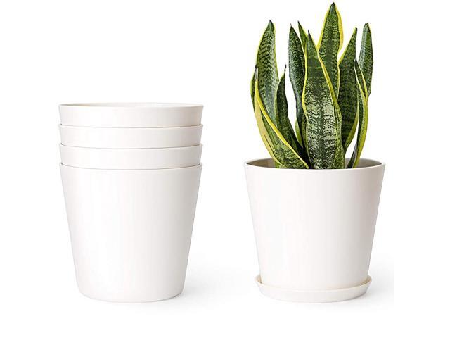 Plastic Planters Indoor Set of 5 Flower Plant Pots Modern Decorative Gardening Pot with Drainage Hole and Tray for All House Plants Herbs Foliage