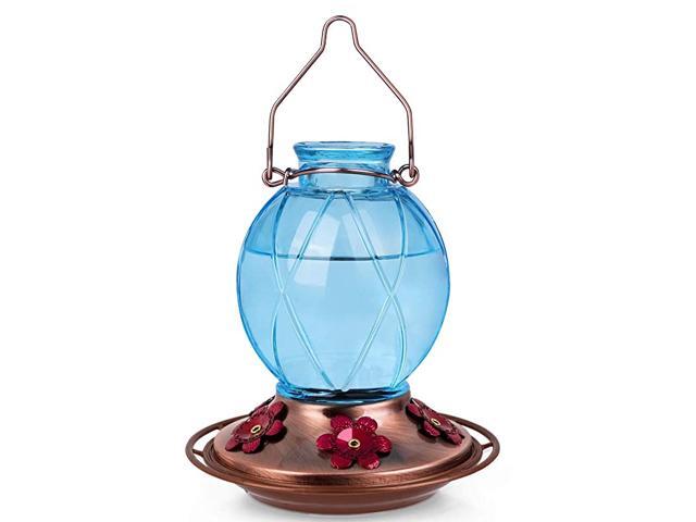 18016B Hummingbird Feeder Glass Hummingbird Feeder for Outdoors Netted Texture Ball Shape Bottle 18 Ounces Blue