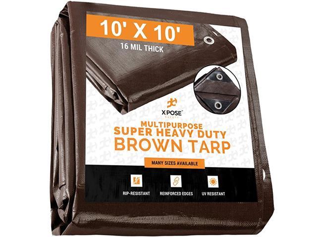 10 x 10 Super Heavy Duty 16 Mil Brown Poly Tarp Cover Thick Waterproof UV Resistant Rot Rip and Tear Proof Tarpaulin with Grommets and Reinforced
