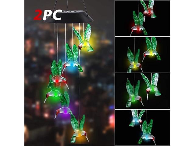 2 PACK Solar Hummingbird Wind Chime Color Changing Mobile LED Solar Wind Chime Outdoor Mobile Hanging Patio Light Porch Deck Garden Decor