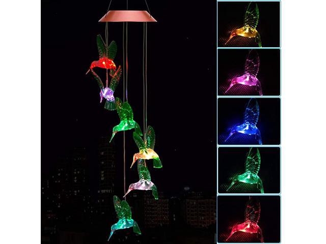 Solar Hummingbird Wind Chimes Outdoor Waterproof Mobile Romantic LED Multi ColorChanging Solar Sensor Powered Lights for Home Yard Night Garden