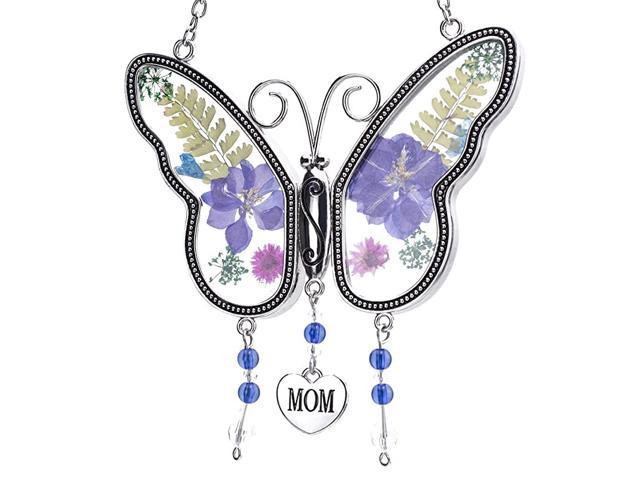 Butterfly Suncatcher with Pressed Colourful Flower Wings Mom Mothers Day Butterfly Glass Wind Chime Ornament Charm with Metal Heart Gifts for Mom