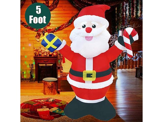 5 ft Christmas Inflatables Santa Claus Holding Gift Box and Candy Cane with LED Lights Blow Up Outdoor Yard Decoration