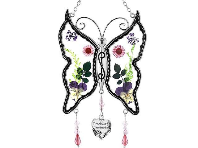Precious Grandmother New Butterfly Suncatchers Gifts for Grandma Pressed Dried Flower Metal Engraved Charm as Mothers Day Grandma Birthday
