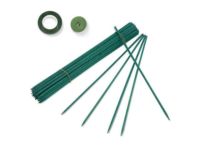 60 Packs 12 Inches Green Wood Plant Stakes Wooden Floral Support Garden Sticks with Tape and 78 Inches Garden Ties for Wedding Holiday Décor Gift DIY