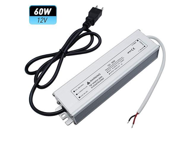 Waterproof IP67 LED Power Supply Driver Transformer 60W 110V AC to 12V DC Low Voltage Output with 3Prong Plug 33 Feet Cable for Outdoor Use