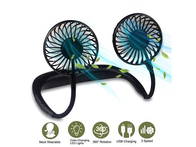 Hanging Neck Sports Fan USB Rechargeable HandsFree Wearable Neck Fan Upgraded Personal Cooling Device with 7 Colors of Changing Led Light 360° Free