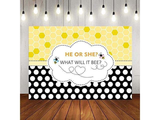 7x5FT Bee Theme Gender Reveal Party Photography Backdrop Bumble Bee He or She What Will it Bee Background Honeycomb Dots BeeDay Party Banner