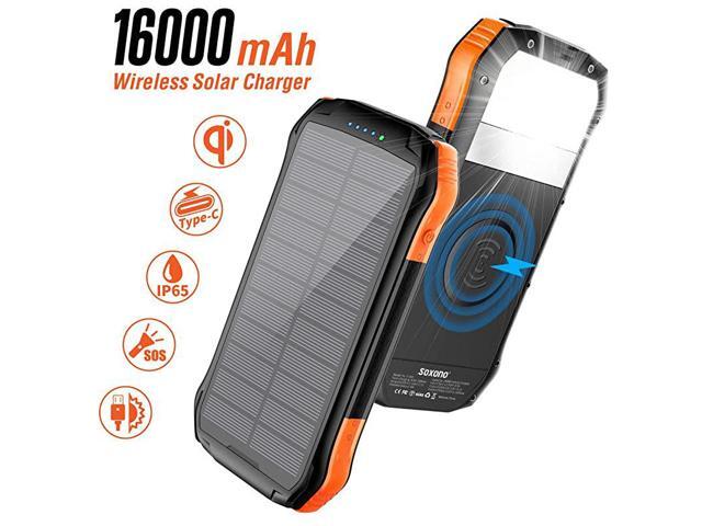 Power Bank Solar Charger with Qi Wireless Charger and 2 USB Port Ultra Waterproof Portable Phone Charger 16000mAh External Battery Pack with 15