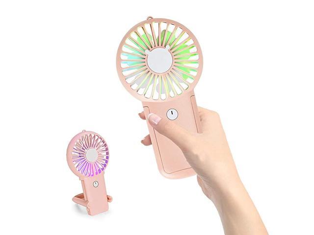 New USB Fan USB Mini Handheld Fan with 7 Color LED Lights Rechargeable Fan with Stand 3 Speed Lower Noise Fan for Home Office Travel Pink