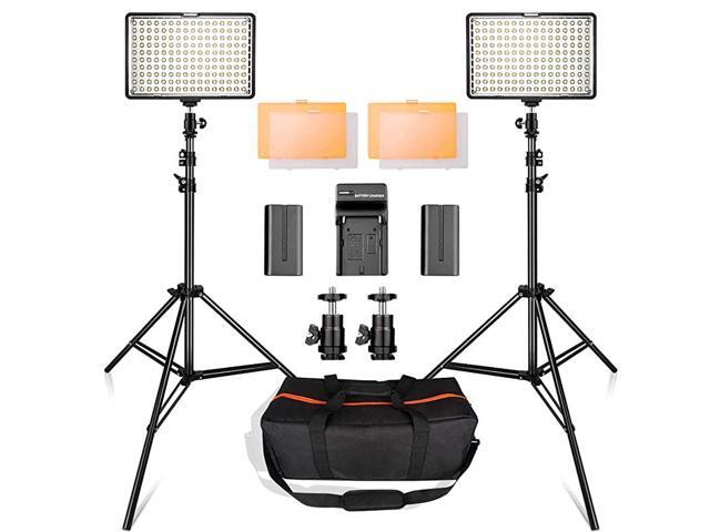 LED Video Light Kit with 2M Light Stand 2Pack Dimmable 3200K 5500K 160 LED Photo Light Panel Lighting Kit with Large Carry Case Charger Batteries