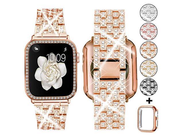Compatible with Apple Watch Band 38mm 40mm 42mm 44mm + Case Women Jewelry Bling Diamond Replacement Metal Strap Soft PC Bumper Protective Case for