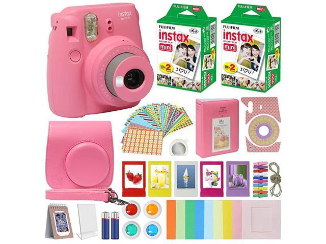 Instax Mini 9 Instant Kids Camera Flamingo Pink with Custom Case + Fuji Instax Film Value Pack 40 Sheets Accessories Bundle Color Filters Photo