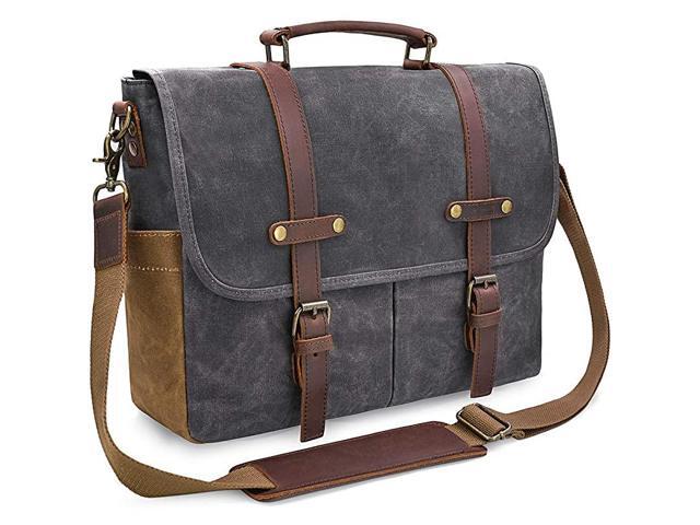 Messenger Bag 156 Inch Waterproof Vintage Genuine Leather Waxed Canvas Briefcase Large Satchel Shoulder Bag Rugged Leather Computer Laptop Bag Grey