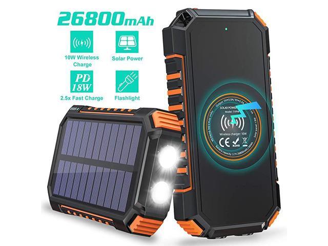 Solar Charger 26800mAh Wireless Portable Charger 18W PD USB C Power Bank with 4 Outputs and LED Flashlight Fast Charging Camping External Battery