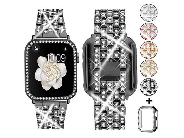 Compatible with Apple Watch Band 38mm 40mm 42mm 44mm + Case Women Jewelry Bling Diamond Replacement Metal Strap Soft PC Bumper Protective Case for