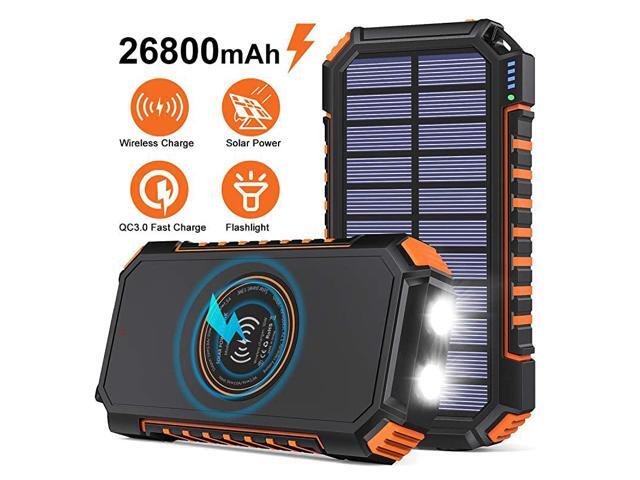 Wireless Solar Charger 26800mAh Portable Charger with 4 Outputs LED Flashlight External Battery Pack USB C Quick Charge Qi Power Bank for iPhone