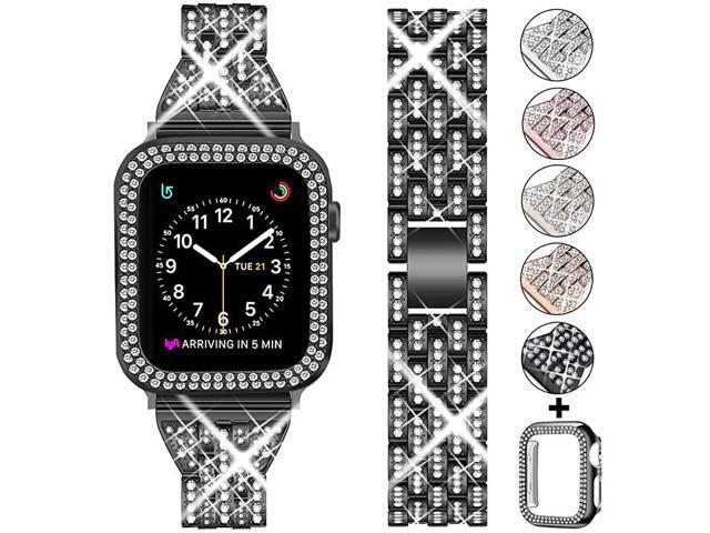 Compatible Apple Watch Band 44mm 42mm 38mm 40mm with Case WomenRhinestone Metal Jewelry Wristband Strap with Bling PC Protective Case Replacement