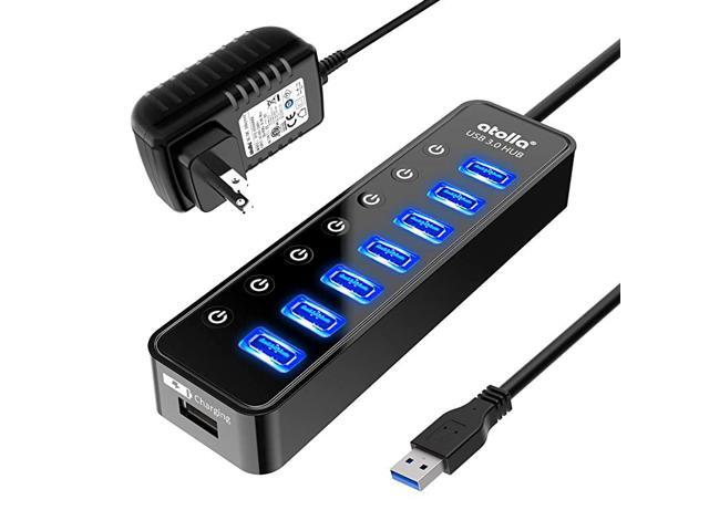 Powered USB Hub 30 7Port USB Data Hub Splitter with One Smart Charging Port and Individual OnOff Switches and 5V4A Power Adapter USB Extension for